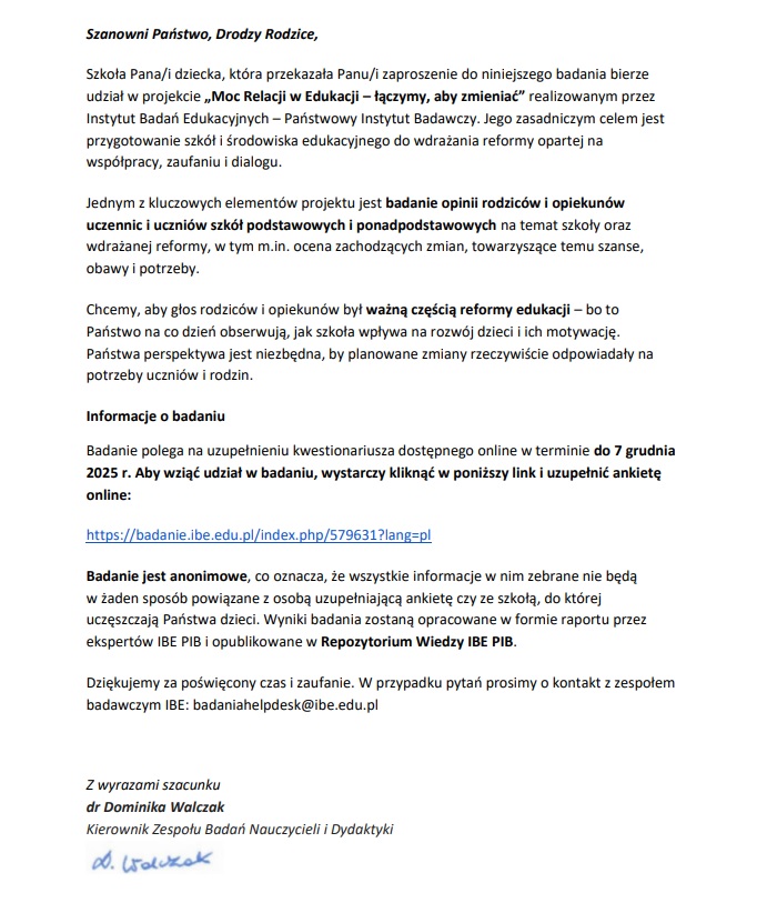 Pismo w sprawie ankiety